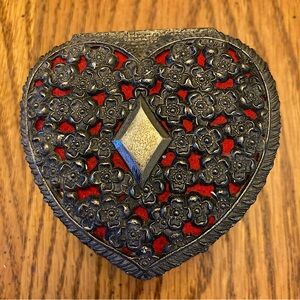Vintage Japanese Heart Shaped Trinket Box, red fabric interior Gloral Design